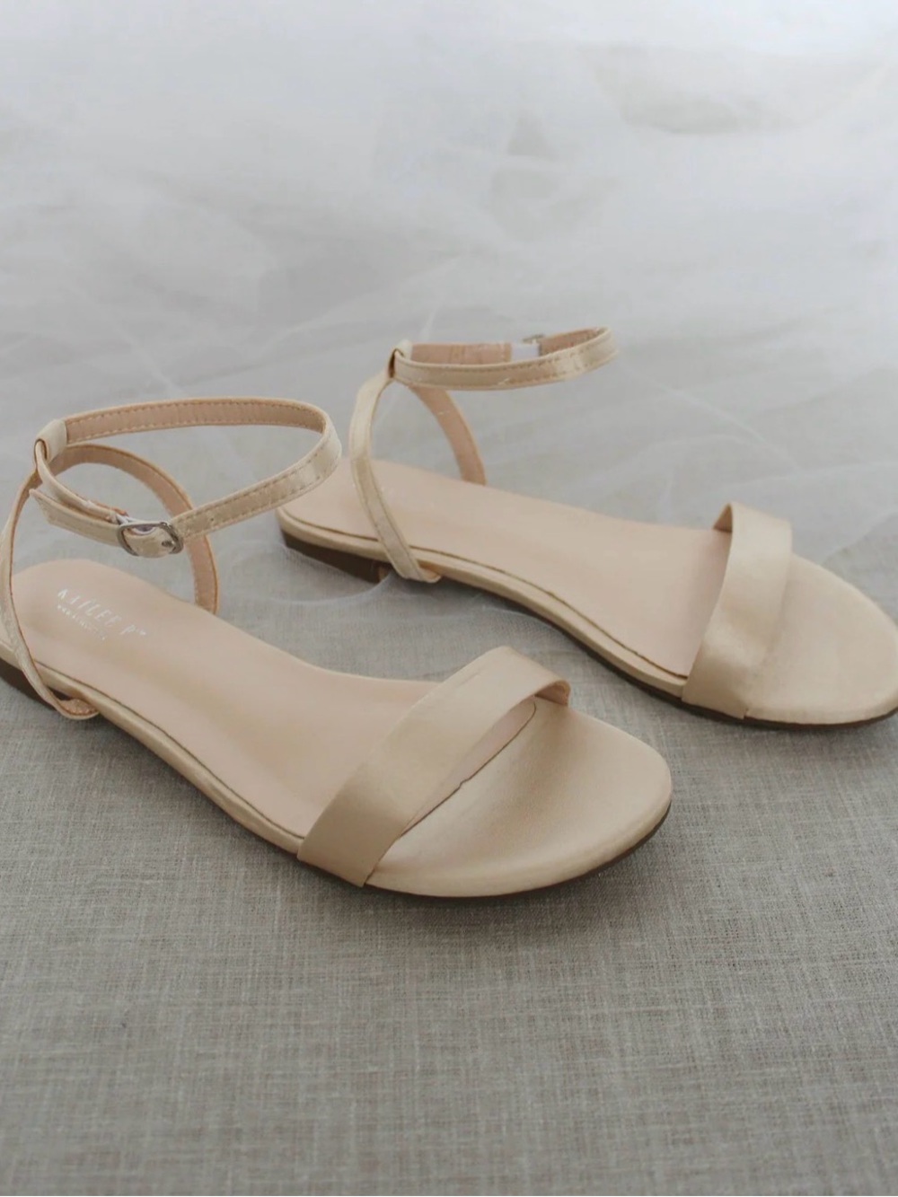 Kailee P. Satin Flat Sandal with Ankle Strap - MADDY / Champagne / size 8
